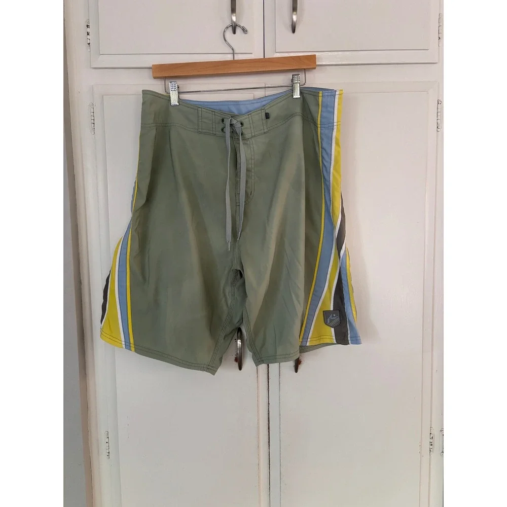 Vintage Rusty Mens Board Shorts Sage Green Striped Surf Swim Trunks Size 36